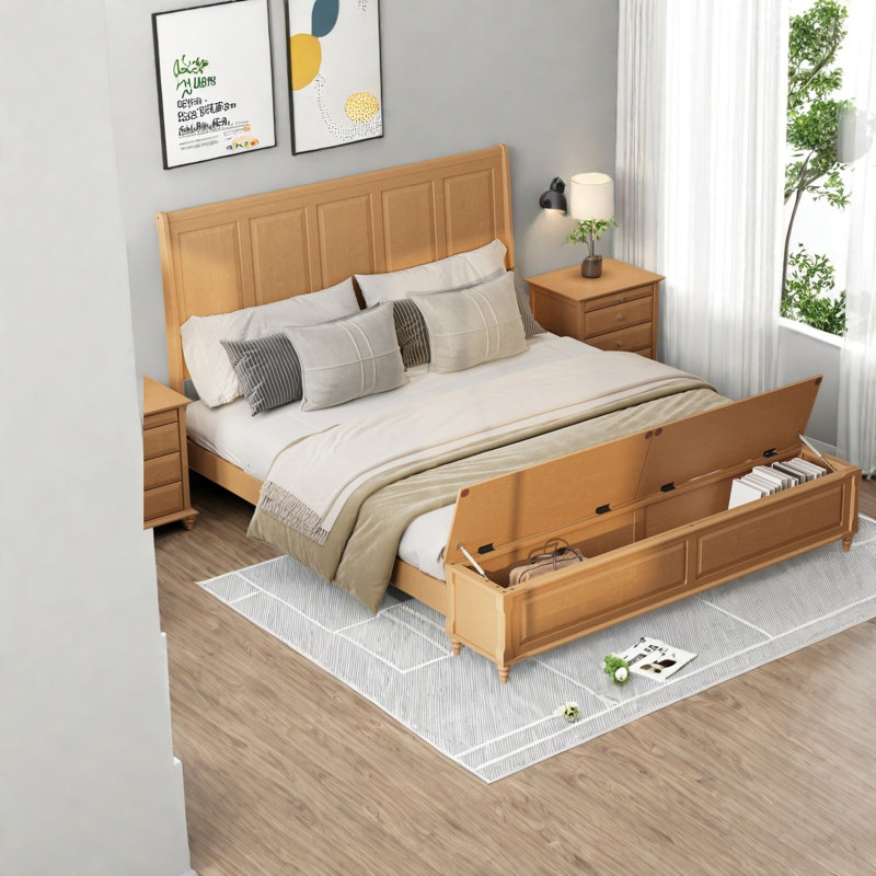 Lits King avec rangement, cadre en bois massif de style traîneau, chambre à coucher de style ferme