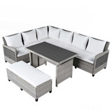 5-Piece Outdoor Patio Rattan Sofa Set, Sectional PE Wicker L-Shaped Garden Furniture Set with 2 Extendable Side Tables, Dining Table and Washable Covers for Backyard, Poolside, Indoor
