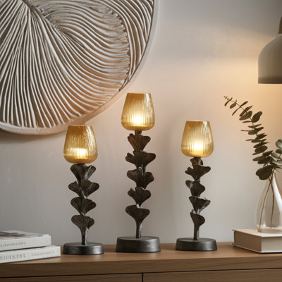 Adel Modern Glass Pillar Candle Holder for Tabletop Decor - Decorative Flower Inspired Candlestick Holder for Home Decor - Set of 3, 23", 20", 14, Gray