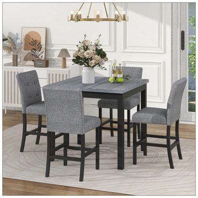 5-Piece Counter Height Dining Set Wood Square Dining Room Table And Chairs Stools W/Footrest & 4 Upholstered High-Back Chairs,Black
