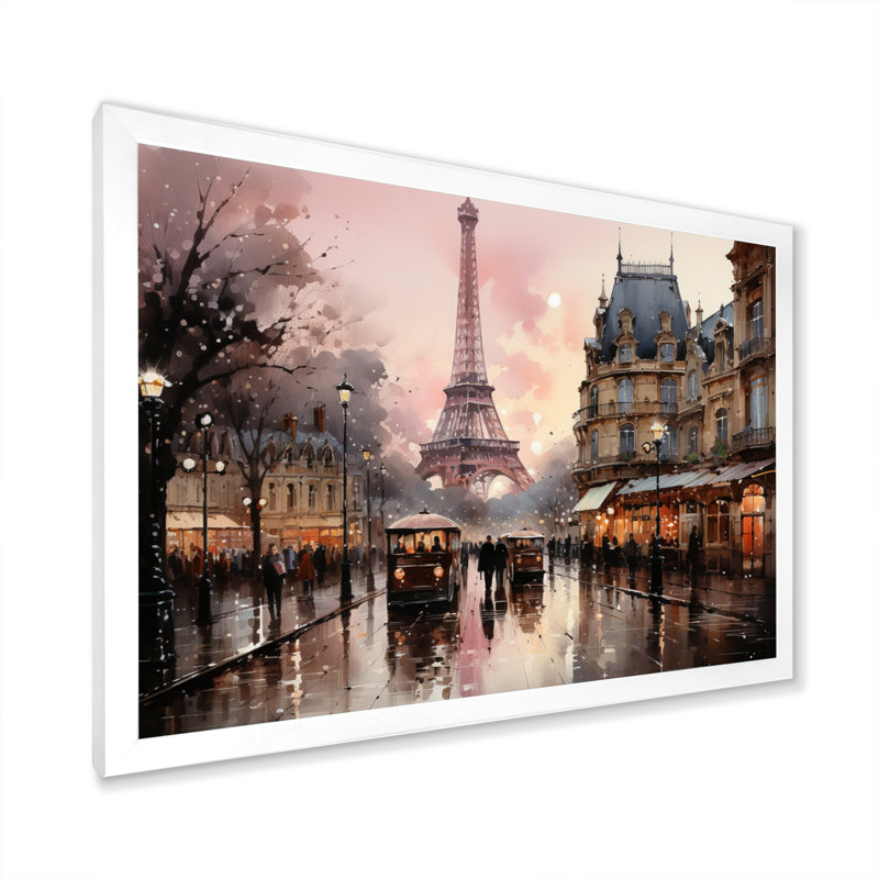 «Pink Twilight Rendezvous In Paris I», art mural de Paris pour le salon, H 30 po x l 40 po, Cadre photo unique, Blanc