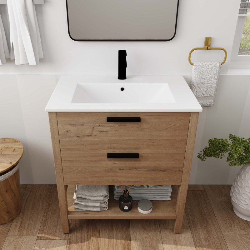 Contreplaqué de meuble-lavabo de salle de bain avec 2 tiroirs, Imitation chêne, Blanc