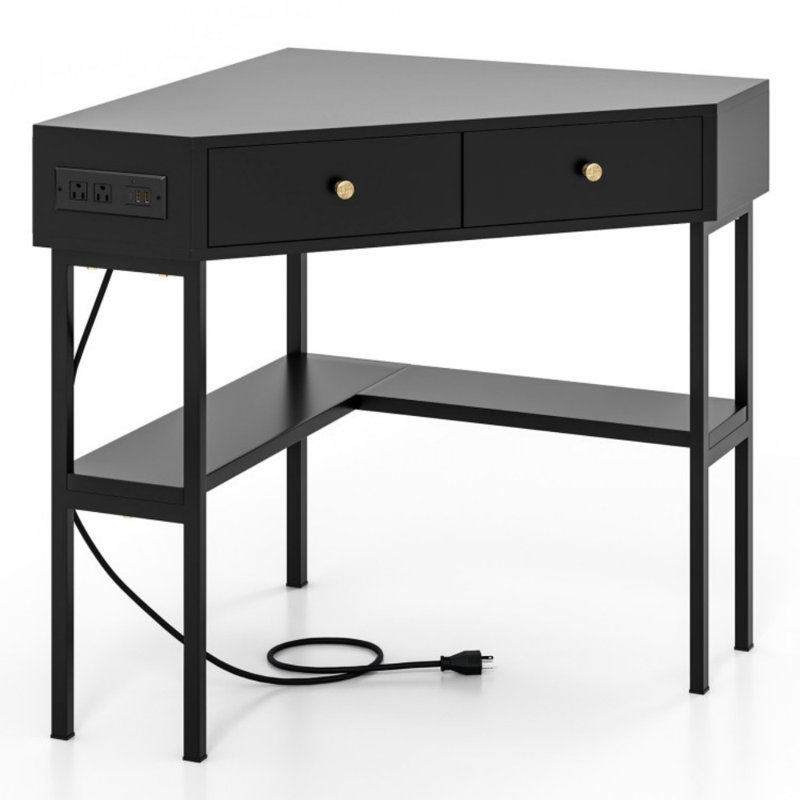Triangle Corner Desk With Charging Station With 2 Drawers And Storage Shelf, Black
