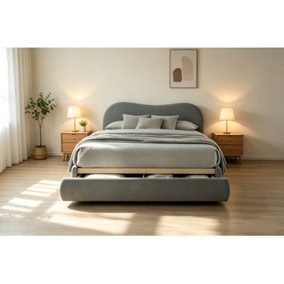 Boucle Upholstered 1Pc Bed, Curved Design Headboard Storage FB Bedroom Furniture Bedframe