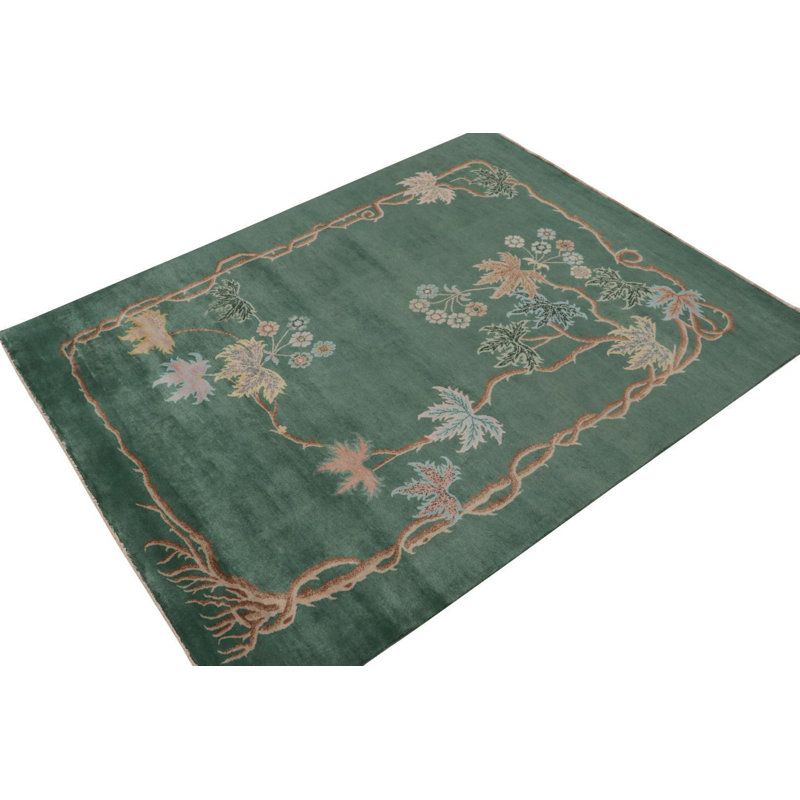 Rug & Kilim’S Chinese Art Deco Rug In Green With Brown And Blue Floral Patterns, Rectangle 12' x 18'