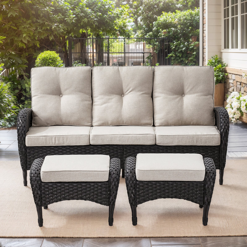Aluel 72" Polyethylene (PE) Wicker Outdoor Patio Sofa With Ottomans, Beige, Black
