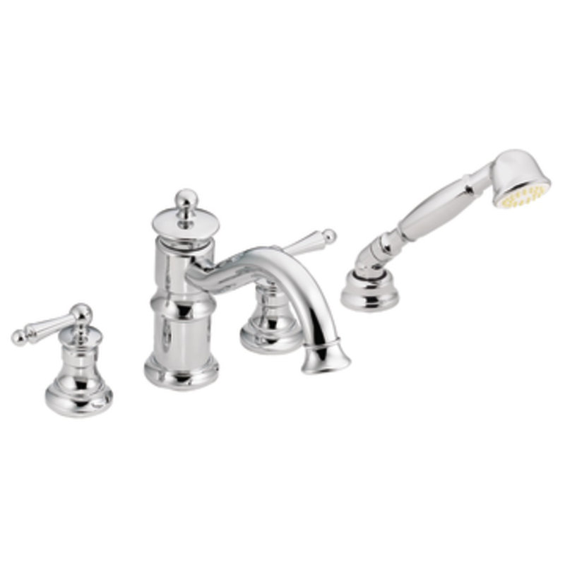 Waterhill Double Handle Deck Mounted Roman Tub Faucet Trim with Diverter and Handshower, Chrome