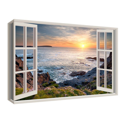 Cornish Coast Through A 3D Window View. Canvas Print Wall Art Picture 24" X 16"