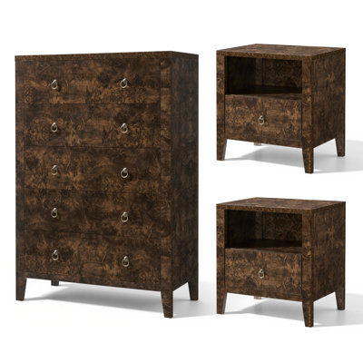 Ensemble de chambre à coucher 3 pièces comprenant 2 tables de chevet et une commode à 5 tiroirs, brun