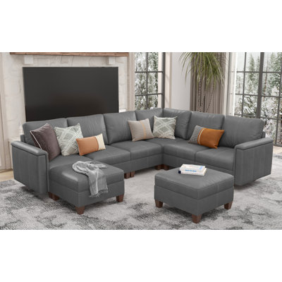 Faux Leather Modular Sectional Couches for Living Room, Modular Convertible 8 Seat U-Shaped Sofa with Storage & Ottoman, 118 inch Width