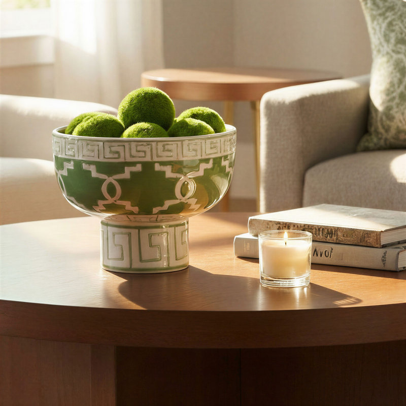 Bol décoratif sur pied en grès avec motif géométrique