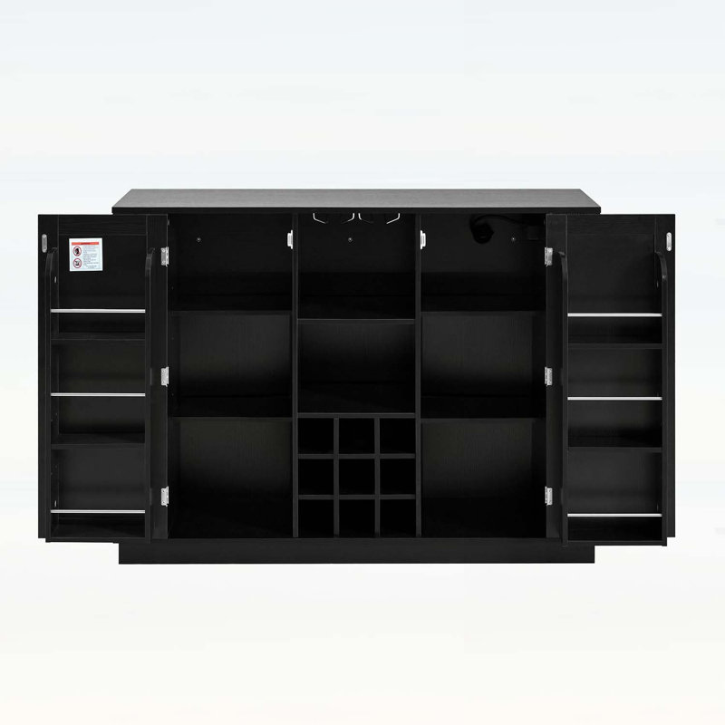 Armoire à vin avec porte-bouteilles et porte-verres, avec abattant, prise de courant et support à vin, Noir