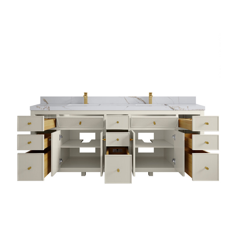 Meuble-lavabo double 84 po avec plateau Sonoma, Or Calacatta