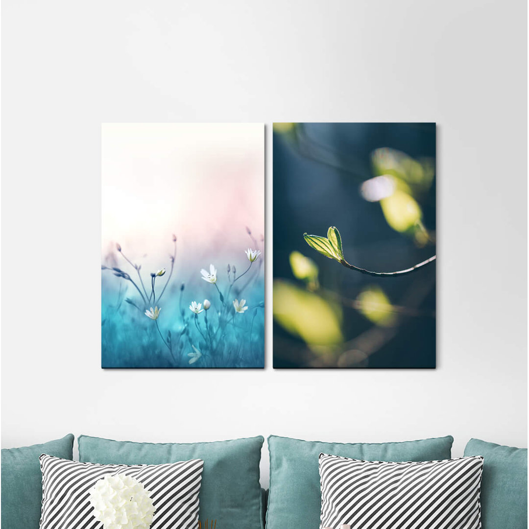 2-tlg. Leinwandbilder-Set - Grafikdruck „Flowers White Flowers Buds Branch Spring Soothing”