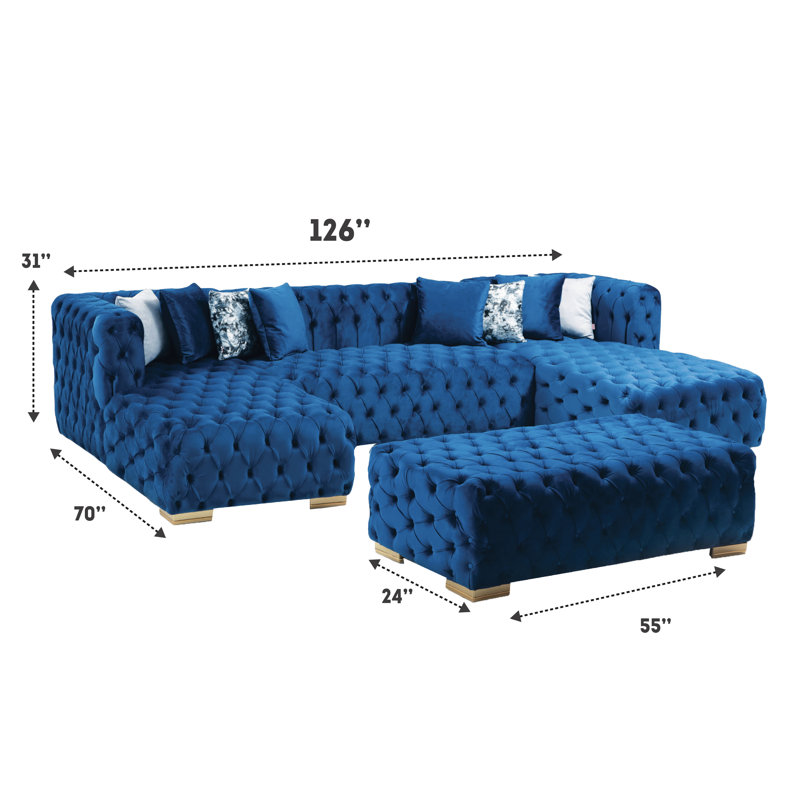 Repose-pieds standard capitonné en velours de 55 po de large Graple, Velours bleu