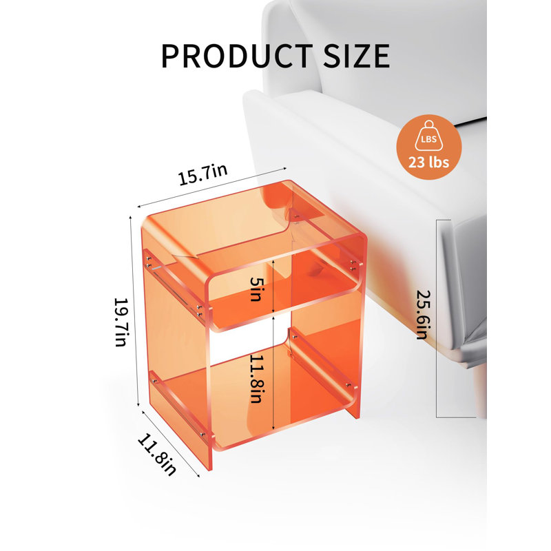 Orange Acrylic Rectangular End Table with Storage Shelf