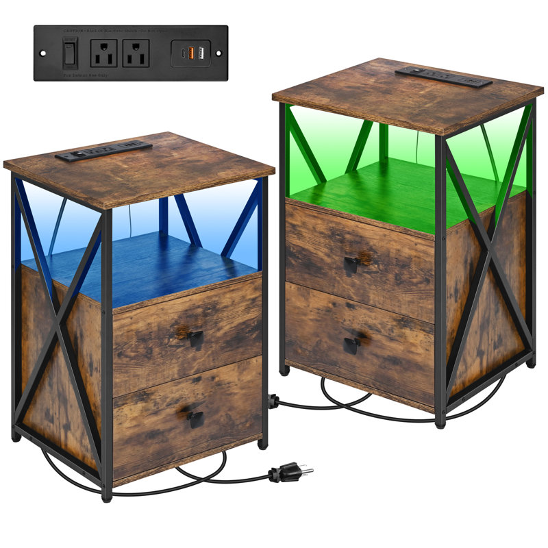 LED Nightstand, Night Stand with Charging Station, End Table, Brown