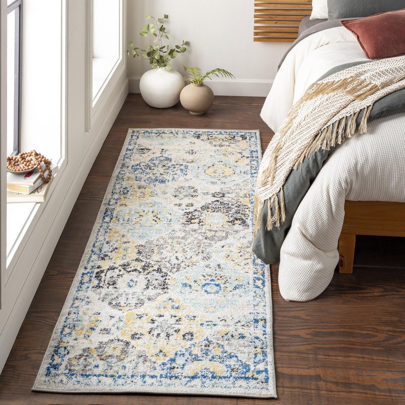 Hillsby Machine Woven Oriental Blue/Yellow/Gray Area Rug, Runner 2'7" x 7'3"