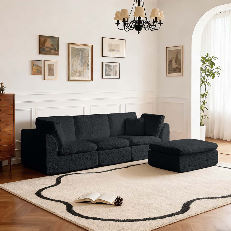 Canapé modulaire convertible en L de 110 po avec canapé-lit modulaire 3 places avec repose-pieds pour salon, Black Chenille