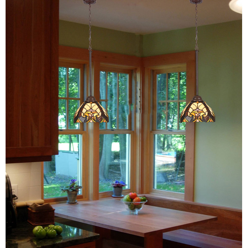 Luminaire suspendu Tiffany, vitrail brun de style victorien 8 po, H 60 po x l 8 po x P 8 po, Mélange de vert, Bronze