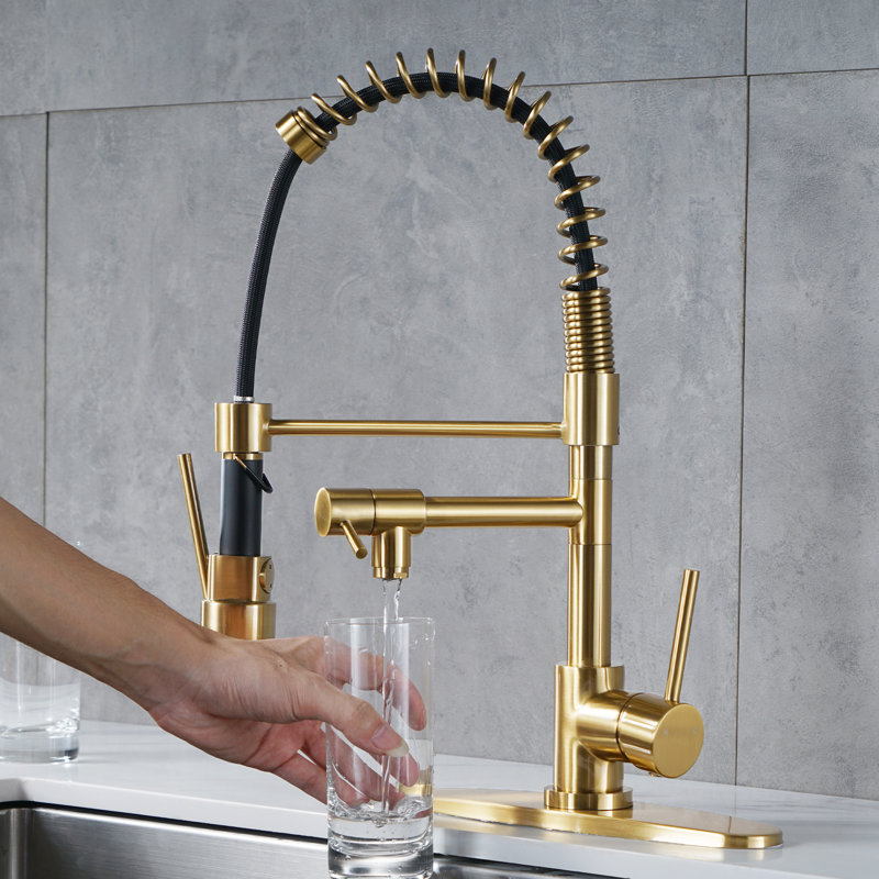 2-Spout Single Handle Pull Down Sprayer Kitchen Faucet With Advanced Spray In Solid Brass, Gold