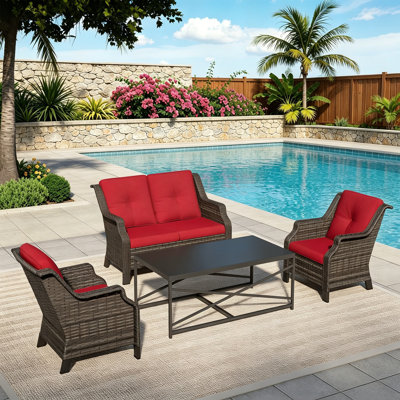 4-Person PE Wicker Outdoor Patio Set with Loveseat,2 Chairs,Coffee Table & Red Cushion