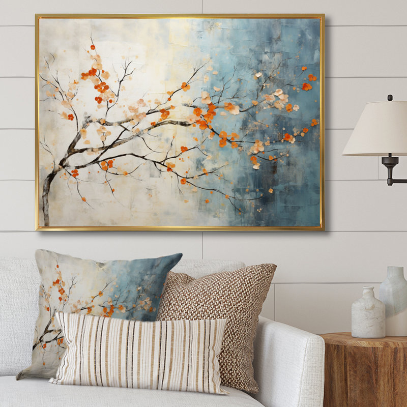 Orange, bleu sarcelle, érable, incandescent V - art mural érable, H 24 po x l 32 po x P 1 po, Cadre flottant doré