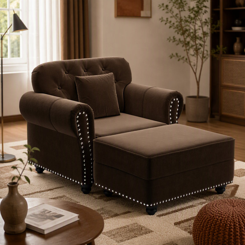 Canapé Chesterfield de 41,3 po en velours avec garniture cloutée et accoudoirs roulés, canapé de style Mid-Century moderne capitonné avec boutons, brun