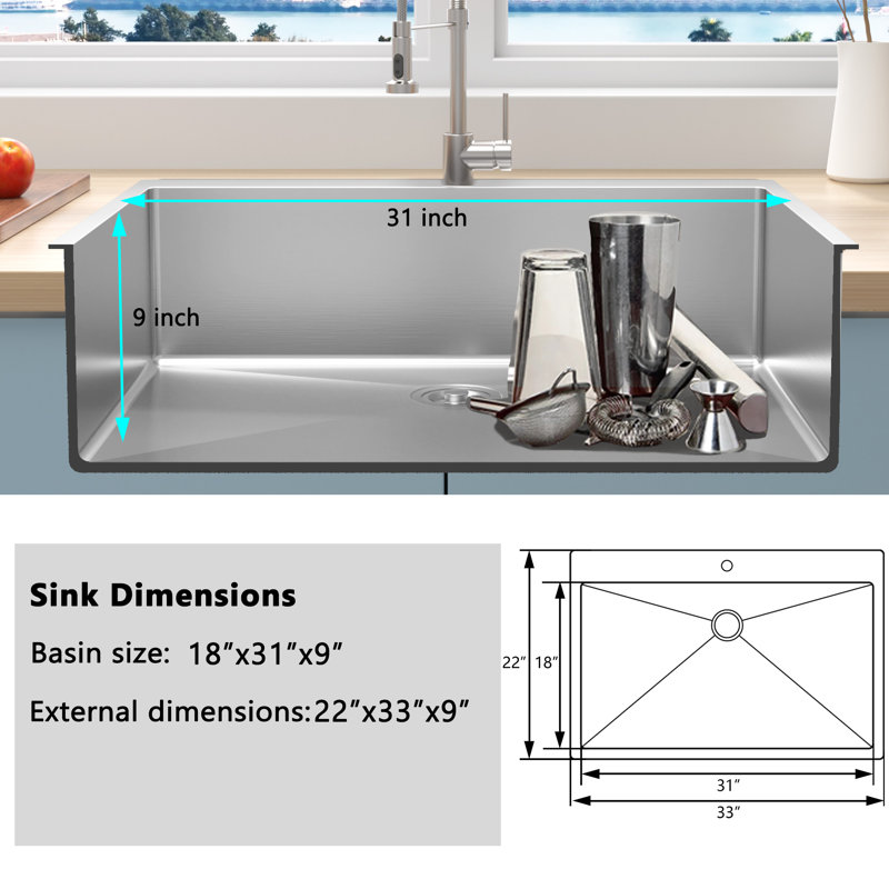 Évier de cuisine à simple cuve en acier inoxydable 33 po L, Nickel brossé