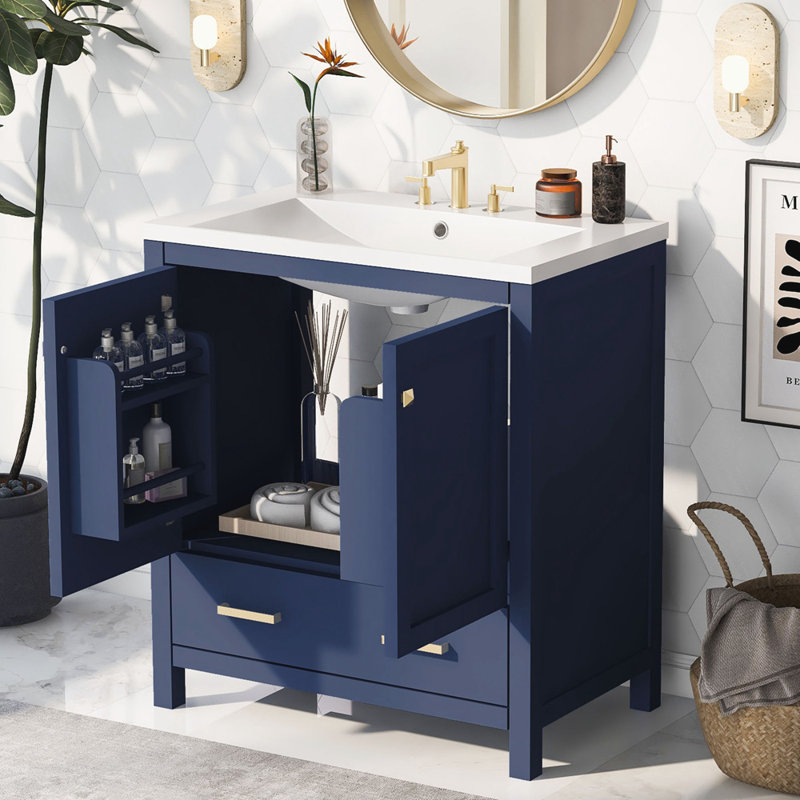 Armoire de rangement pour salle de bain avec 2 portes et un tiroir, Bleu