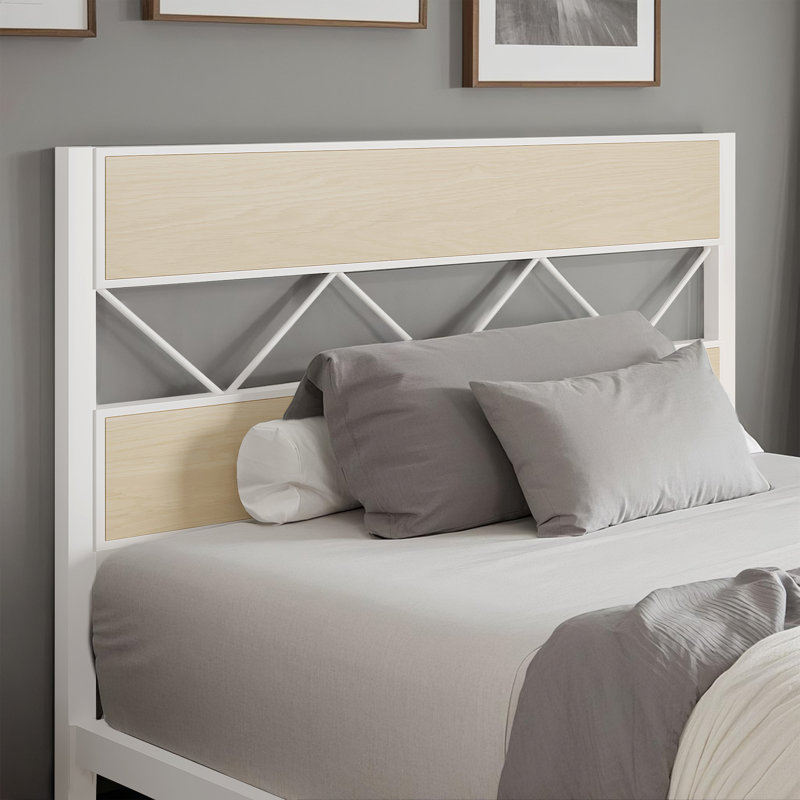 Alicia Queen Size Industrial Metal Platform Bed Frame with Wood Headboard, Underbed Storage, Noise-Free, No Box Spring Needed