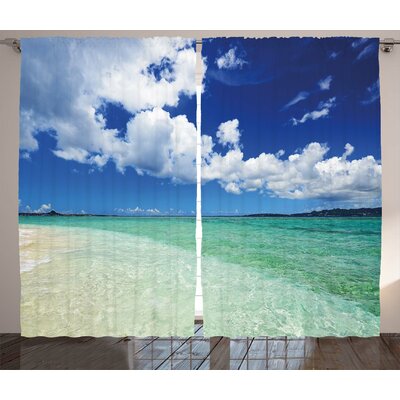 Ocean Island Sea Life Wavy Bright Open Sunny Sea Shore Sand Beach Art Print Image Graphic Print & Text Semi-Sheer Rod Pocket Curtain Panels -  Ambesonne, p_22962_108x84