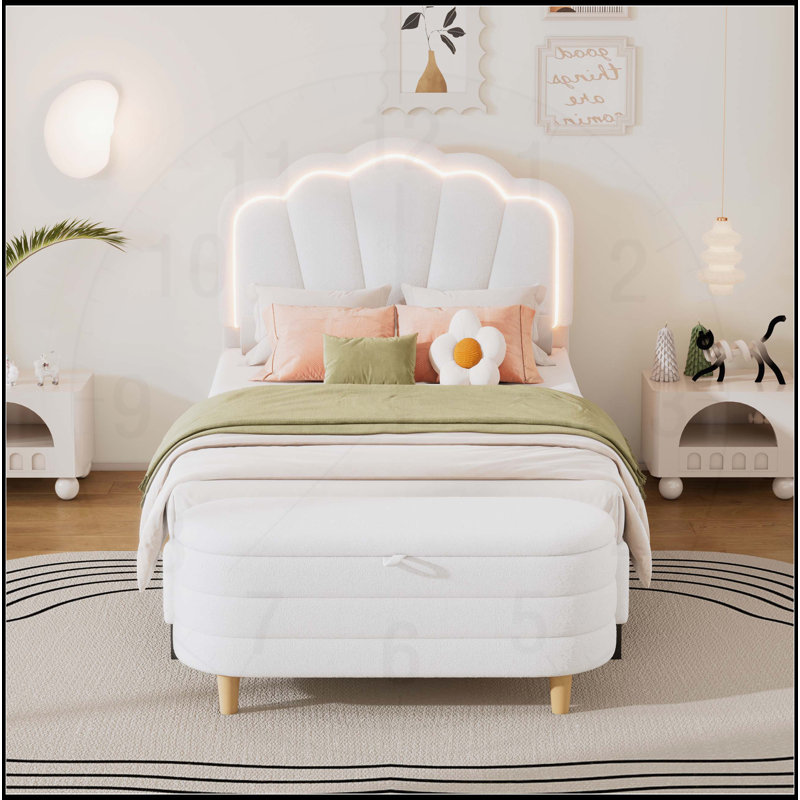 Twin Size Flower-Shaped Upholstered LED Platform Bed with Storage Ottoman, White Sherpa Fabric, Elegant and Functional