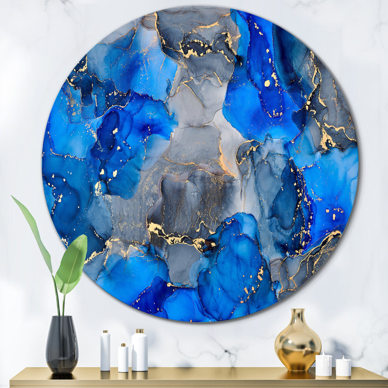 Bleu et gris, art abstrait fluide de luxe V - art mural moderne en métal, H 29 po x l 29 po x P 1 po
