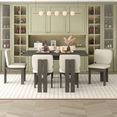 Ensemble de table de salle à manger rétro 7 pièces pour 6 personnes, ensemble de table de salle à manger en bois pour 6 personnes avec chaises rembourrées et base à tréteaux conçue pour la cuisine et la salle à manger