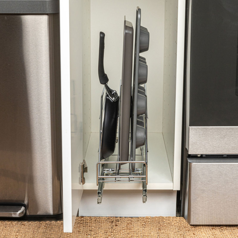 Organisateur de rangement coulissant et coulissant en acier chromé polyvalent pour batterie de cuisine et plats de cuisson Glidez