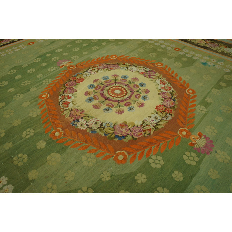 Antique Large Aubusson French Medallion Flat Weave Rug
