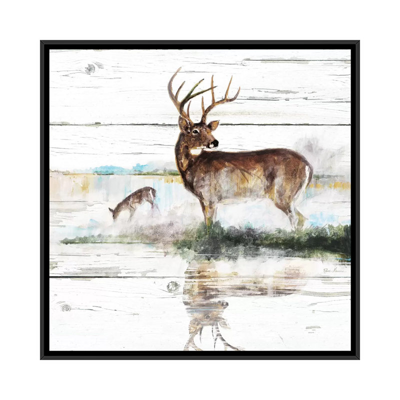 «Rustic Misty Deer» par Ruane Manning - reproduction d'art, H 18 po x l 18 po x 1,5 po, Aucun mat, Toile avec cadre noir