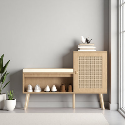 2-In-1 Shoe Storage Bench, Natural Rattan Shoe Cabinet With 2 Adjustable Shelves And Removable Seat Cushion, Modern Entryway Bench