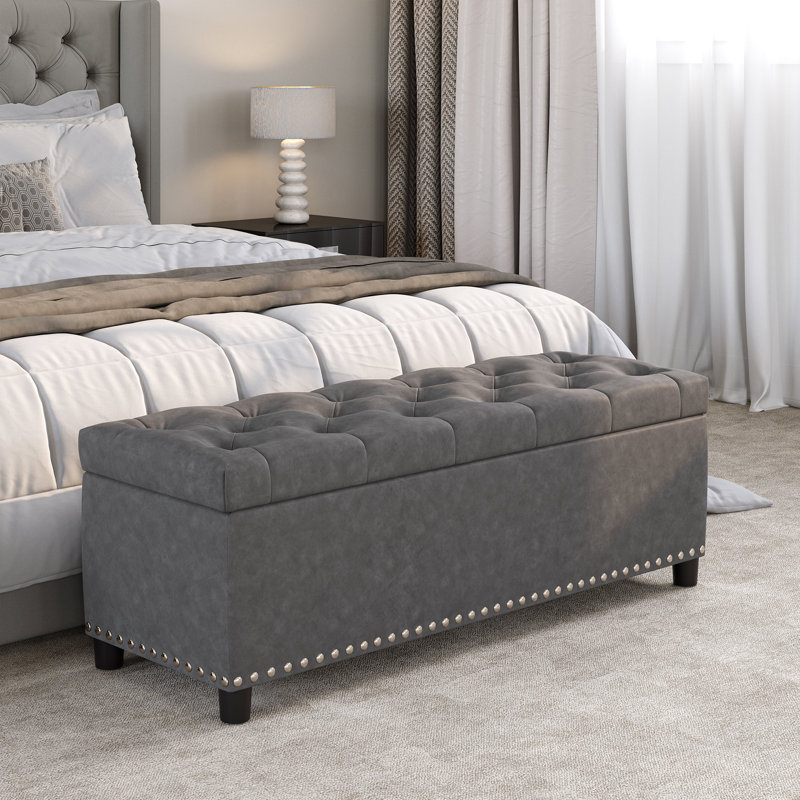 Repose-pieds de rangement rectangulaire capitonné de 46,9 po de largeur, Similicuir gris rustique, Brun foncé