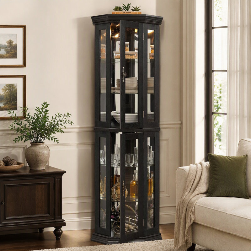 Vitrine d'angle en verre avec étagères ajustables et ornements sculptés pour un rangement élégant à la maison, Dark Cherry