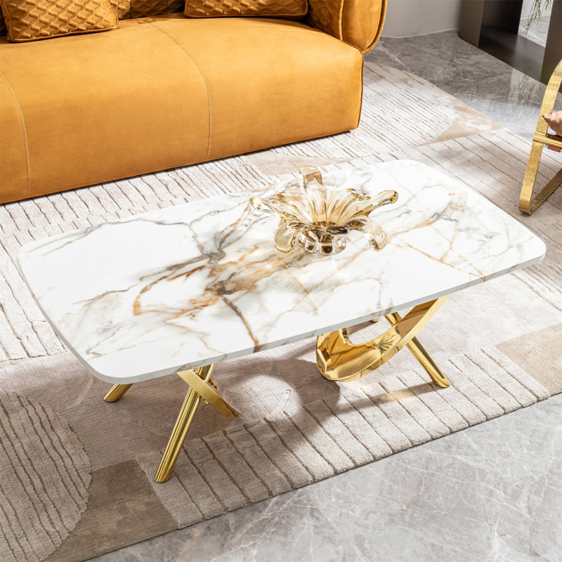 Table basse en acier inoxydable à motif marbré L 50,78 po x l 27,16 po x H 18,11 po pour le salon et le bureau