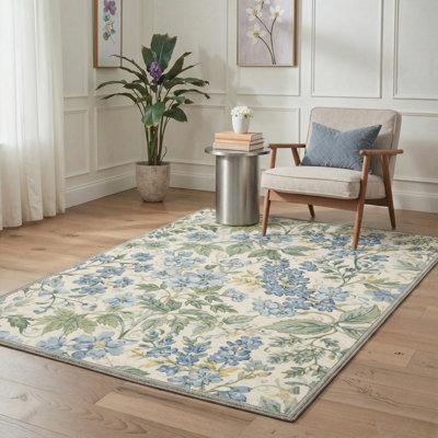 Tapis d'intérieur bleu / beige / vert lavable à la machine Aura avec envers antidérapant