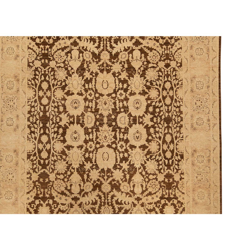 Tapis brun / beige en laine noué à la main de conception unique 8 pi 9 po x 11 pi 4 po