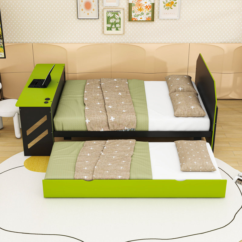 Full Daybed with Built-in Desk and USB Port and Twin Size Trundle, Green