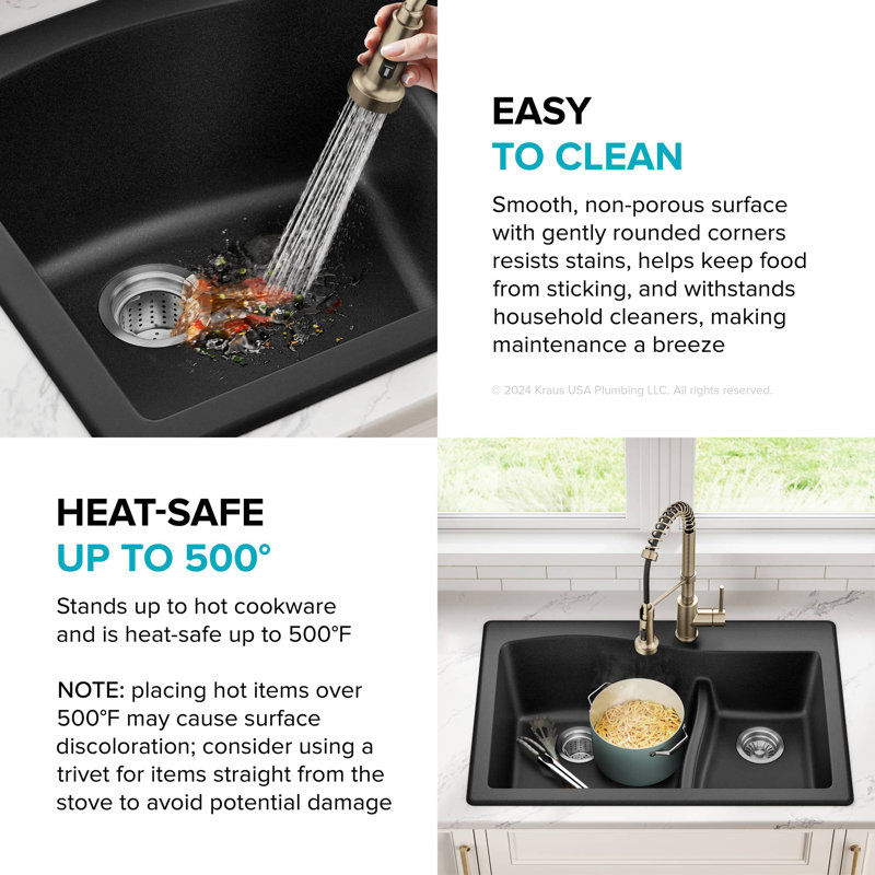 KRAUS Quarza™ 33" L Dual Mount 60/40 Double Bowl Granite Kitchen Sink, Black