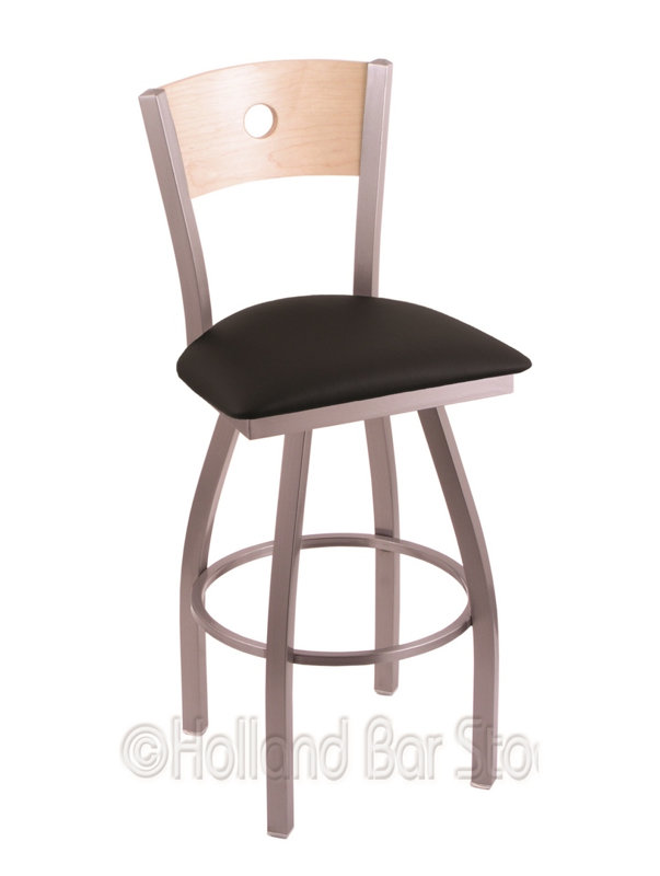 Tabouret de bar pivotant de 36" Lareau, Inoxydable, Vinyle noir, Chêne Naturel