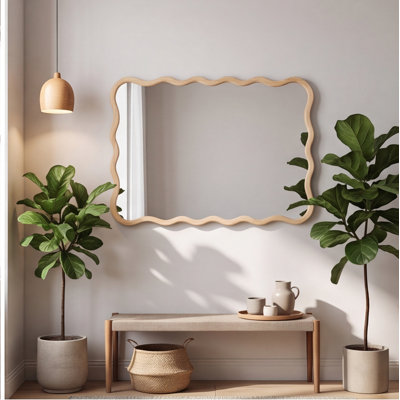 Solid Wood Wavy Rectangle Wall Mirror, 40 x 28 Inches, Natural Wood – Modern Farmhouse Decor for Bathroom, Bedroom, Living Room, Entryway