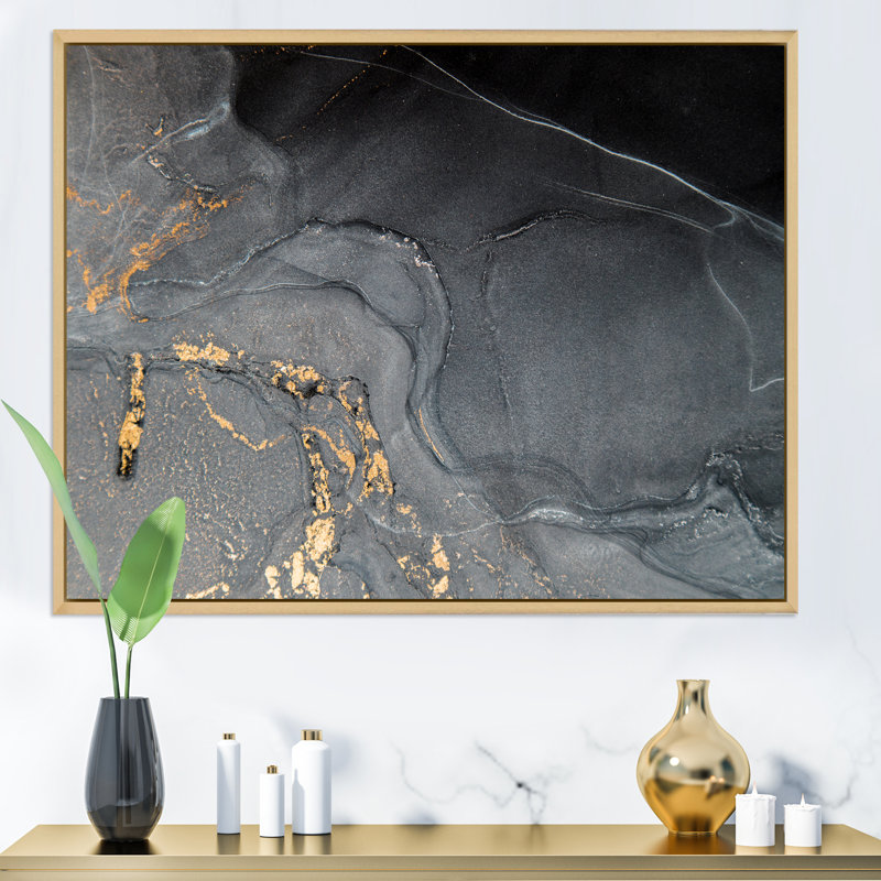 Gloden - Marbre noir et gris, art Ripples - art mural sur toile Glam, H 12 po x l 20 po, Toile avec cadre flottant brun