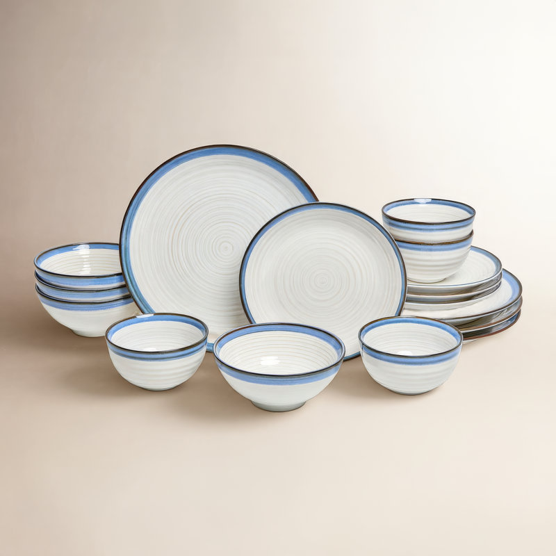 Service de table mixte 16 pièces, Couleur unie, Blanc / Bleu